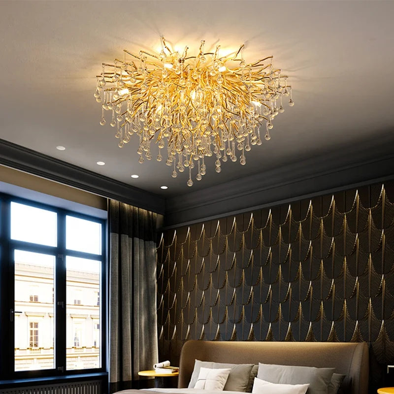 Rain Drop Decoration Pendant Light Gold Aluminum Branch Decorative Living Room Dining Room Led Ceiling Crystal Chandelier