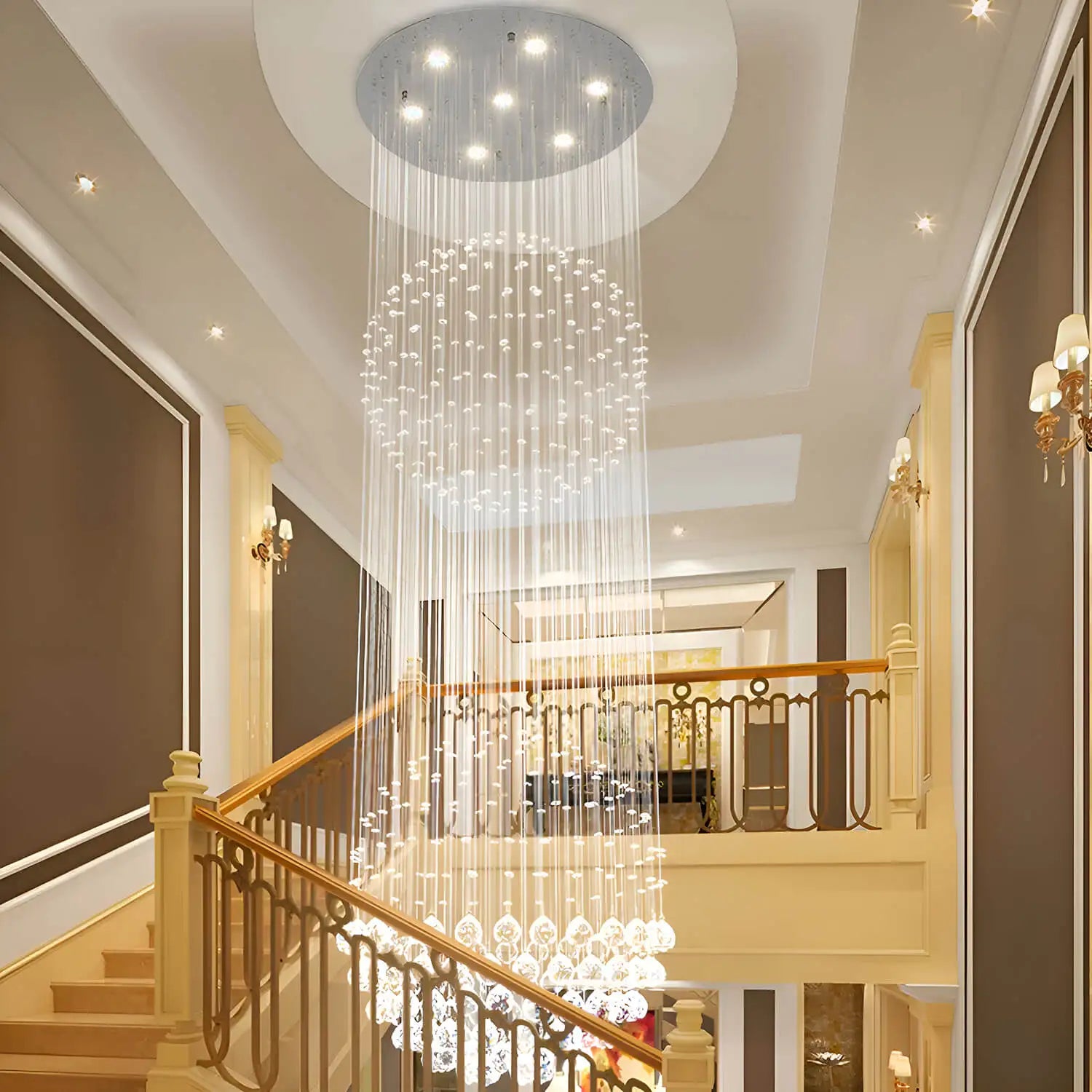 Double Sphere Raindrop Crystal Chandelier Modern Long Stair Chandelier