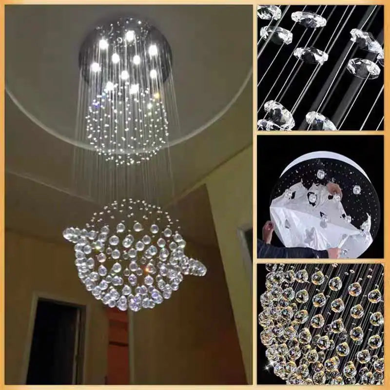 Modern Luxury High Ceiling Decorative LED Crystal K9 Rain Drop Chandeliers Stair Pendant Lights