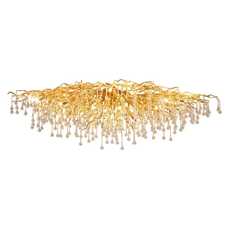 Rain Drop Decoration Pendant Light Gold Aluminum Branch Decorative Living Room Dining Room Led Ceiling Crystal Chandelier