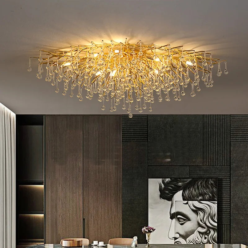 Rain Drop Decoration Pendant Light Gold Aluminum Branch Decorative Living Room Dining Room Led Ceiling Crystal Chandelier