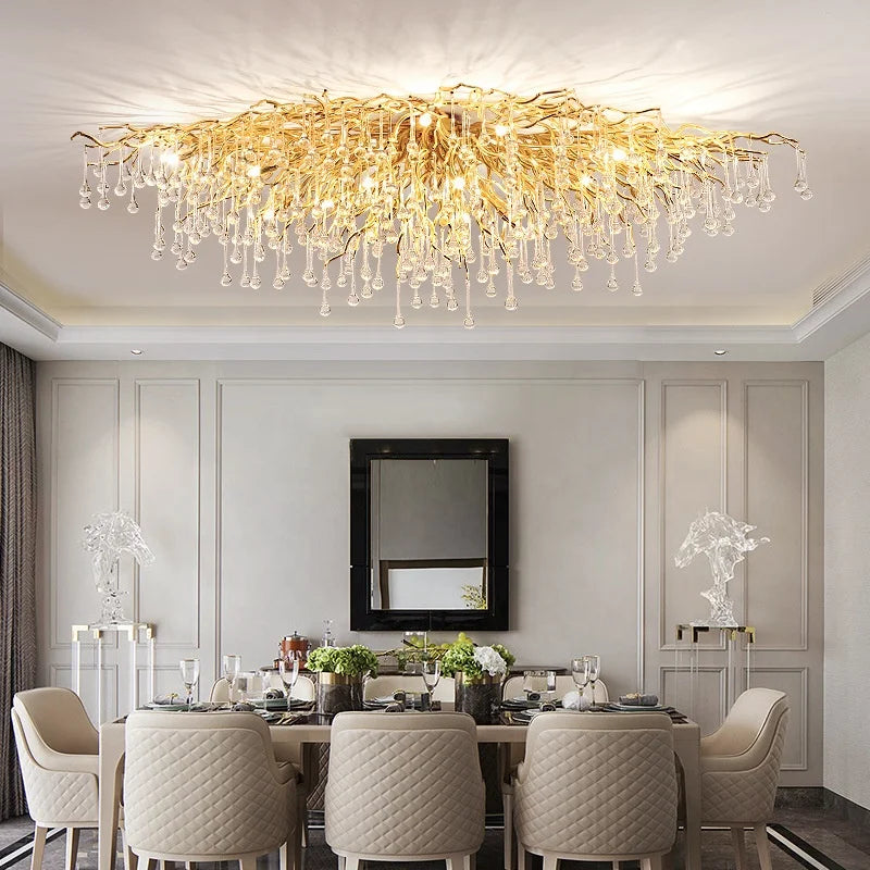 Rain Drop Decoration Pendant Light Gold Aluminum Branch Decorative Living Room Dining Room Led Ceiling Crystal Chandelier