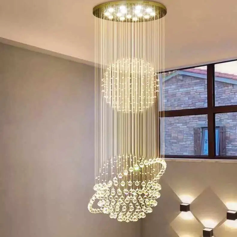 Modern Luxury High Ceiling Decorative LED Crystal K9 Rain Drop Chandeliers Stair Pendant Lights