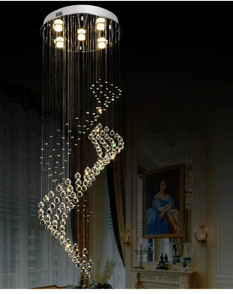 Raindrop Spiral Long Staircase Pendant Light Luxury Crystal Chandelier Decoration Drop Light