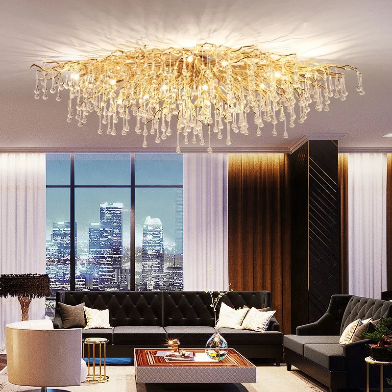 Rain Drop Decoration Pendant Light Gold Aluminum Branch Decorative Living Room Dining Room Led Ceiling Crystal Chandelier