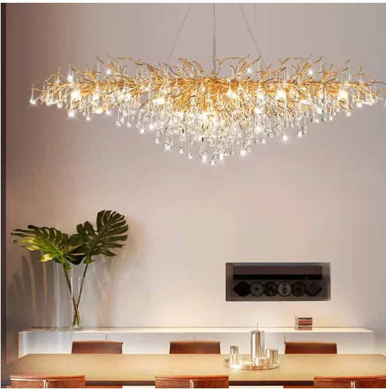 Rain Drop Decoration Pendant Light Gold Aluminum Branch Decorative Living Room Dining Room Led Ceiling Crystal Chandelier