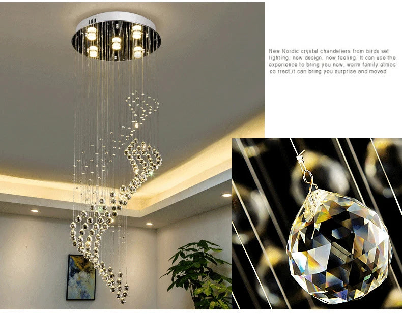 Raindrop Spiral Long Staircase Pendant Light Luxury Crystal Chandelier Decoration Drop Light