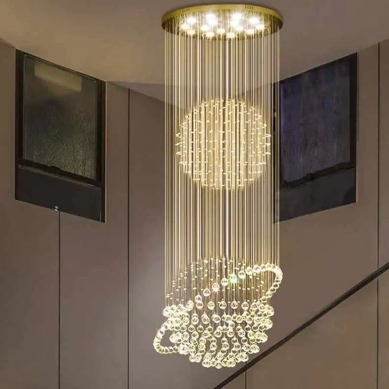 Modern Luxury High Ceiling Decorative LED Crystal K9 Rain Drop Chandeliers Stair Pendant Lights