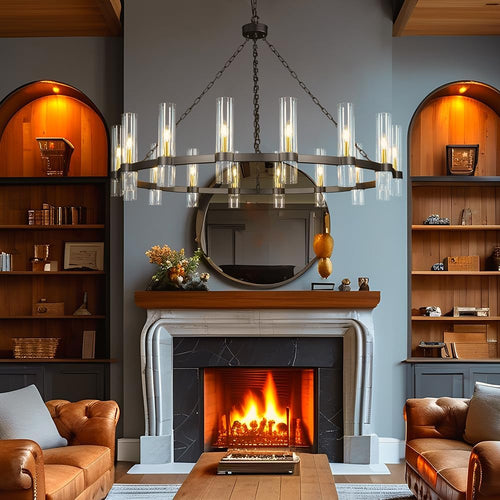 Iron Wagon Wheel Chandelier with Glass Shades